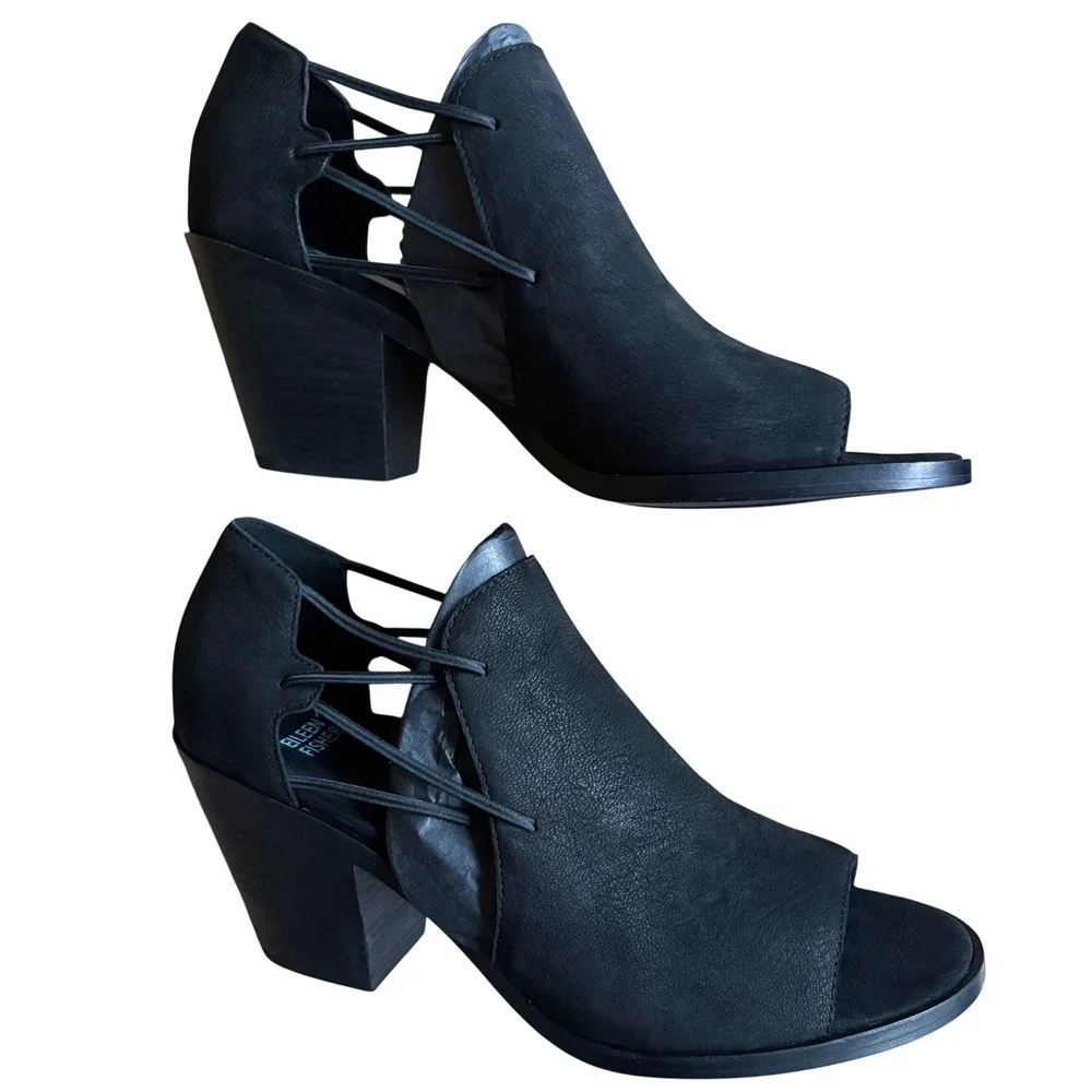 $235 NIB Eileen Fisher Nikki Nu Tumbled Nubuck Blk Peep Toe Block Heel Shoe 10M‎